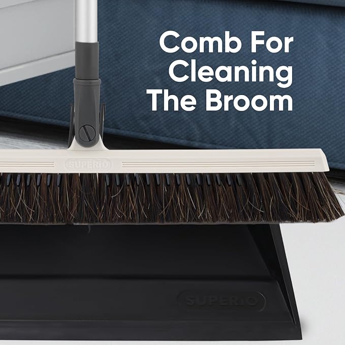 Superio 18 Horse Hair Upright Broom with Telescopic Handle &amp 16 Black Dustpan with Comb Rubber Lip &amp Clip – Narrow Thin Dust Broom for Dog Hair – Hardwood &amp Tile Floor Cleaning Set – Gr
