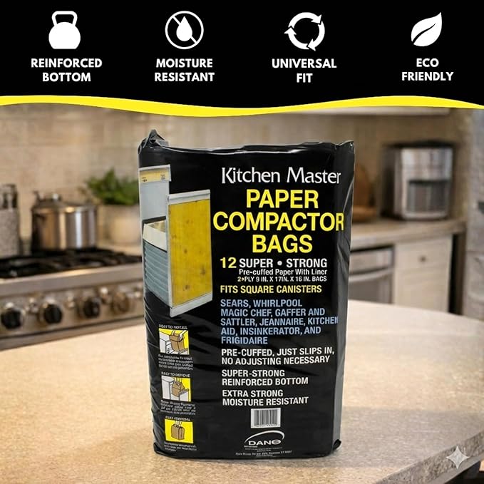Kitchen Master Super Strong Compactor Bags (48 Pack) | Precuffed Garbage Compactor Bags Hardware for Kitchens Paper Trash Bag Kitchen Essential Paper &amp Plastic Lined