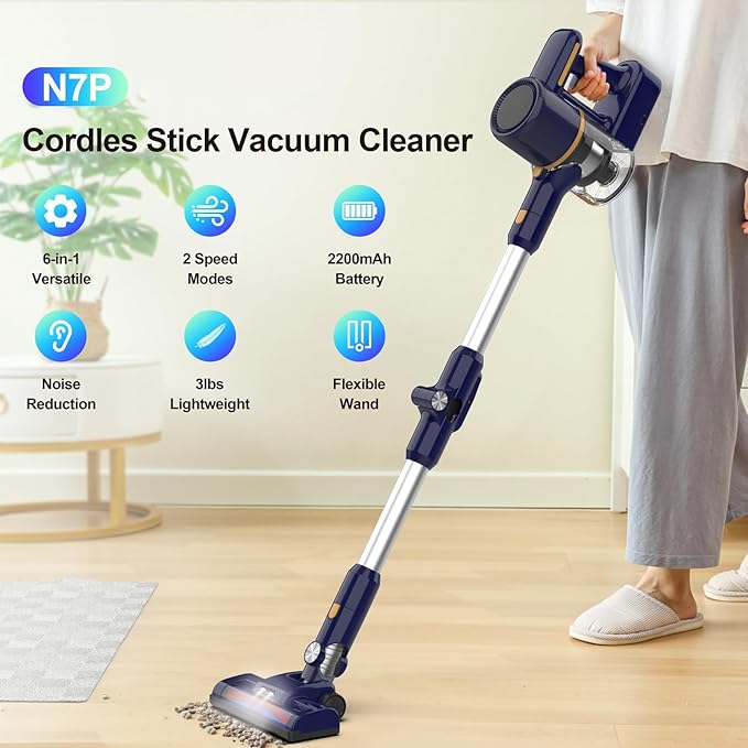 Cordless Vacuum Cleaner 6 in 1 Powerful Stick Vacuum for Home 2200mAh Battery Vacuum Rechargeable Vacuum (Cobalt)