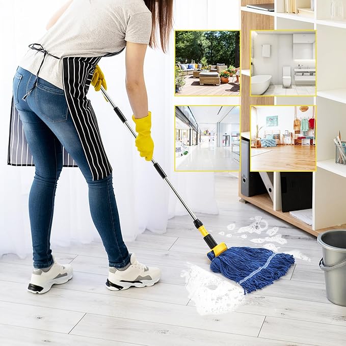 Commercial Mop Heavy Duty Looped End String Wet Mop with 64'' Long Handle Industrial Cotton Dust Mop with Extra Replacement Heads for Home Office Garage Warehouse Floor Cleaning