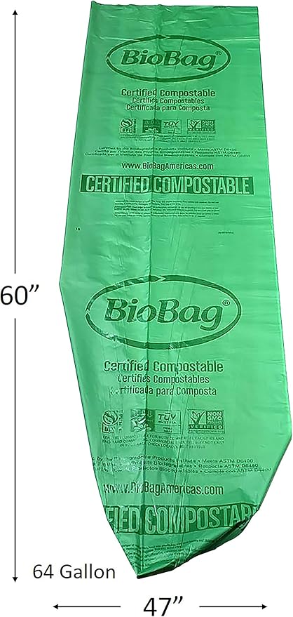 BioBag (USA) The Original Compostable Bag 64 Gallon 60 Count 100% Certified Compostable Trash Bag Liners for Food Waste Extra Strong and Durable Trash Bag