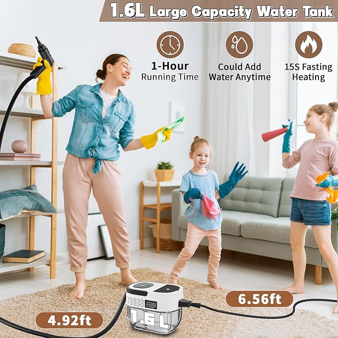 Handheld Steam Cleaner for Home 2500W High Temperature Pressurized Machine 1.6L Water Tank Handle-controlled Steam Output Portable Cleaning Steamer for Car Bed Bugs Furniture Grout (White)