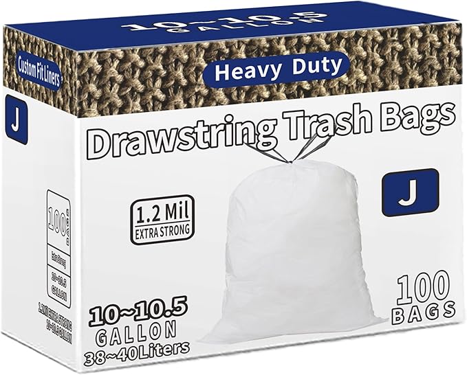 Code J Custom Fit Trash Bags Compatible with Simplehuman Code J | 100 Count | 10-10.5 Gallon / 38-40 Liter | 1.2 Mil | Heavy Duty White Drawstring Garbage Liners