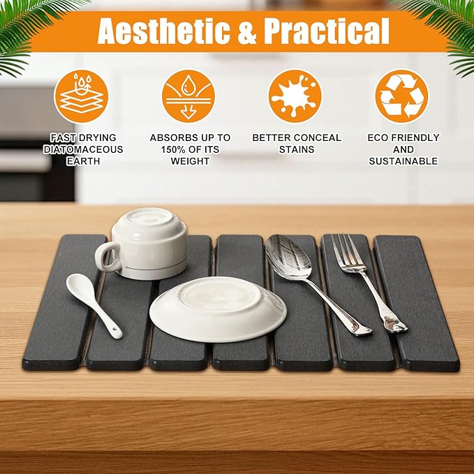 Sawysine 2 Pcs Stone Dish Drying Mats for Kitchen Counter 16x12 Collapsible Diatomaceous Earth Mats Absorbent Quick Drying Bath Kitchen Pad for Dishes Cups Bottles Fits Any Countertop(Dark Gray)