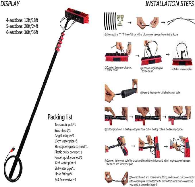 Water Fed Window Cleaning Pole(5.4M-10.8M) Hose-Fed Window Cleaner Brush Cleaning Tool for Window Glass Solar Panel10.8M/36FT