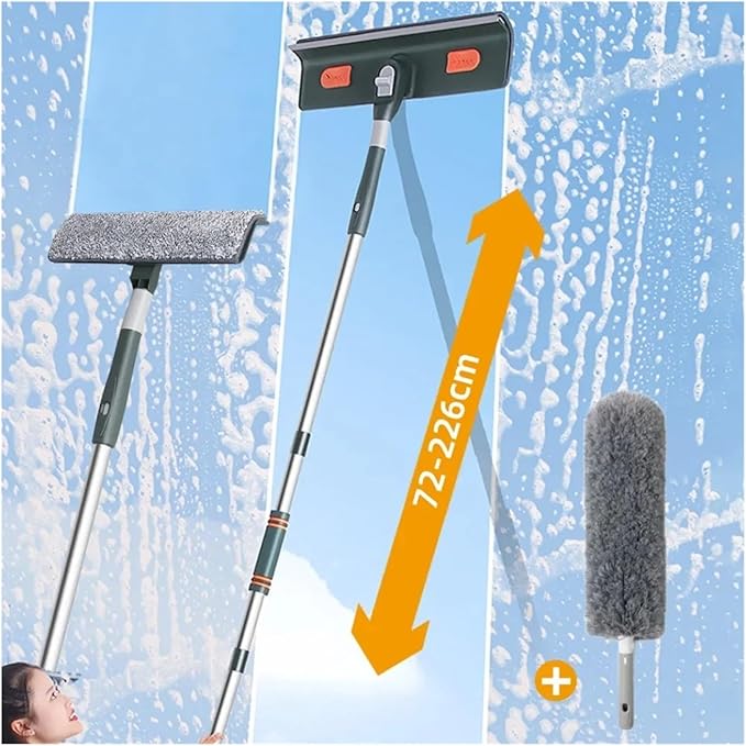 Adjustable Long Reach Window Cleaning Tool (72–226 cm) – Glass Cleaner Mop with Silicone Scraper and Brush for Household Use(226cm Green Set)