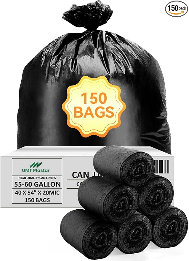150 Count Heavy Duty Black Trash Bags 55-60 Gallon 40 x 54 Inch Large Garbage Bags 20 Micron Thick Strong Leak-Resistant Bags for Home Yard Outdoor Cleanup