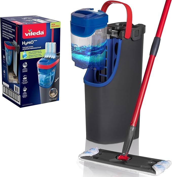 Vileda H2PrO Flat mop System - Revolutionary Clean and Dirty Water Separation - Water-Saving Design - Compact Storage - Ergonomic Handle - Microfibre Power - Can be Used one-Handed
