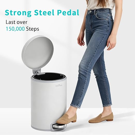 mVm Kitchen Garbage Can5.3 Gallon/20 Lliter Round Stainless Steel Trash CanStep Small Trash Can with Lid and Foot PedalSoft-CloseAnti-Fingerprint.for BathroomBedroomOfficeLiving Room(Gray)