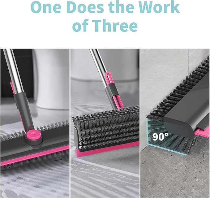 AIR U+ Floor Scrub Brush with Long Handle 3 in 1 Scrape and Heavy-Duty Stiff Bristle Scrubber Brush for Cleaning Shower Bathroom Patio Pool Garage Kitchen Wall and Deck Gray and Pink