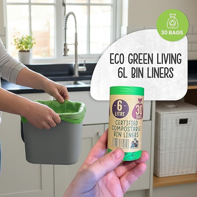Eco Green Living 6 Litre Compostable Bin Liners Plastic Free &amp Recyclable Caddy Bags for Food Waste Leak Resistant Small Bin Liners 36 x 66 cm - Six Pack (180 Bags)