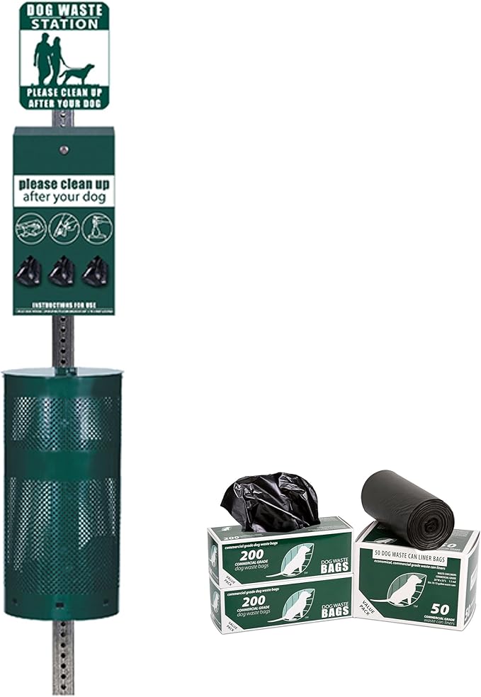 ZERO WASTE USA - Rust Proof Aluminum Dog Waste Station - Free 400 Waste Roll Bags &amp 25 can Liners - 10-Year Warranty - Over 500k Sold in USA (Green)
