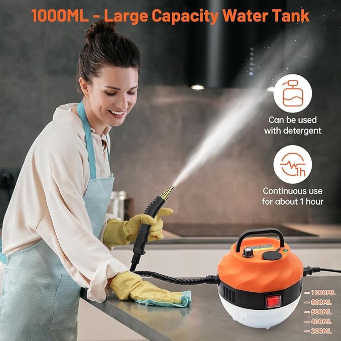 Steam Cleaner 2500W High Pressure Steam Cleaner for Home Steamer for Cleaning with 3 Brush Heads 2 washers and Extended Rod Handheld Steam Cleaner for Upholstery Kitchen Bathroom (Orange)