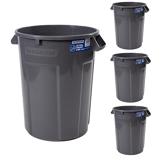 Magnum 32 Gallon Trash Can Construction Grade Heavy Duty Plastic Jobsite Ready for Handling and Holding Garbage CMTC-C000-32G04 (4 Pack)