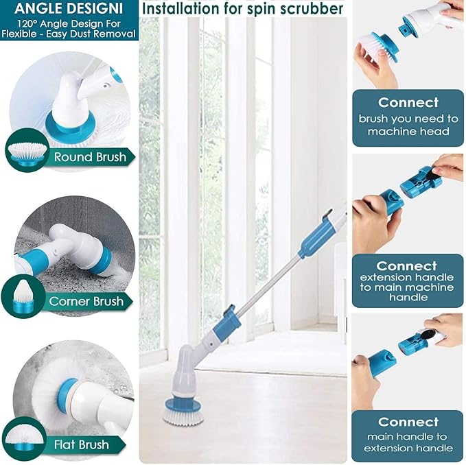 Electric Spin Scrubber360 Cordless Tub and Tile ScrubberMulti-Purpose Power Surface Cleaner with 3 Replaceable Cleaning Scrubber Brush HeadsExtension Handle Shower Scrubber for Bathroom Floor Tile