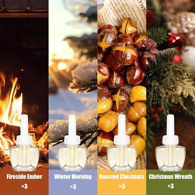 Plug Ins Refills Air Freshener 12 Pack Fireside Ember Winter Morning Roasted Chestnuts Christmas Wreath Long Lasting Plug in Refills Compatible with Air Wick &amp Glade Not Include Glade Plus
