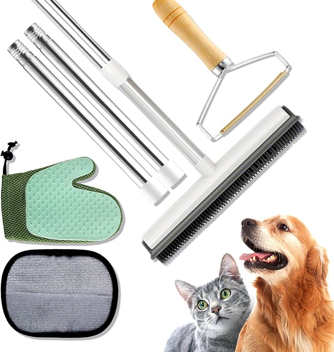 Carpet Rake for Pet Hair Removal 4 in 1 Reusable Pet Hair Removal Tool Kit 50'' Adjustable Long Handle Dog &amp Cat Hair Remover Broom with Handle &amp 2 Pets Hair Removal Gloves for Carpets Rugs