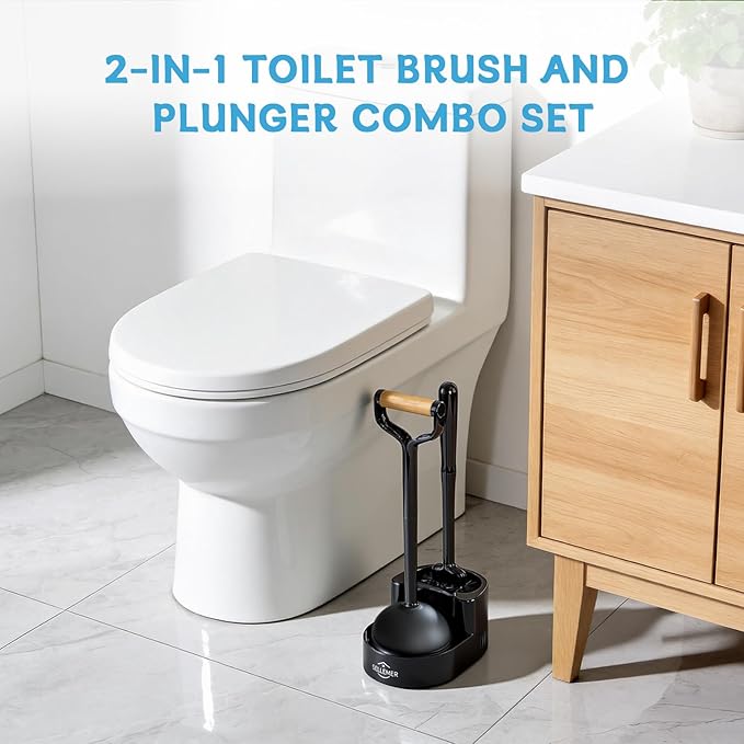 Sellemer Toilet Brush and Plunger Set Curved Design Head for Deep Cleaning Heavy Duty Toilet Bowl Brush and Plunger Combo with Holder for Bathroom Cleaning Black 1 Pack