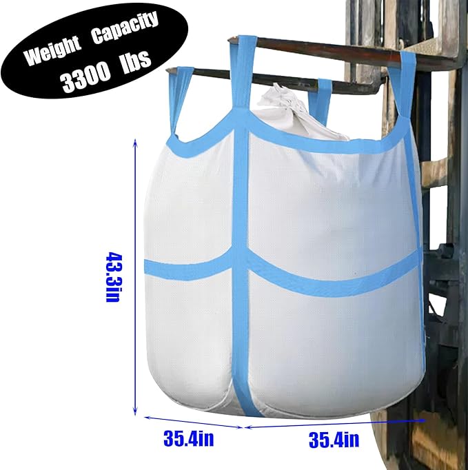 10Pcs FIBC Bulk BagOne Ton Bag 35.4L x 35.4W x 43.3H3300lbs SWL Safty Factor 3:1Woven Polypropylene BagsFour HangingDuffle Top Flat X-Bottom