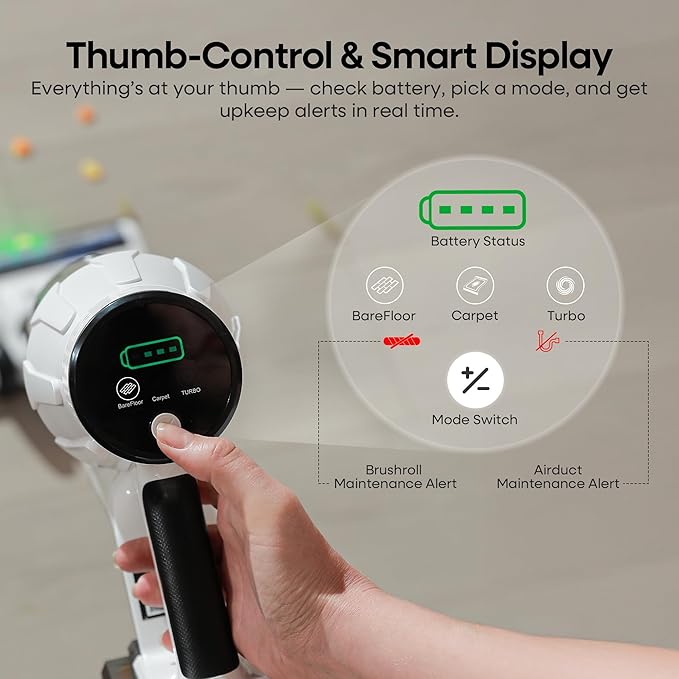 ElecKeys Cordless Vacuum Cleaner 580W 48KPA 65Mins Vacuum Cleaners for Home Self-Standing Anti-Tangle Vacuum with LED Display Rechargeable Lightweight Cordless Vacuum for Floors/Pet Hair/Carpets