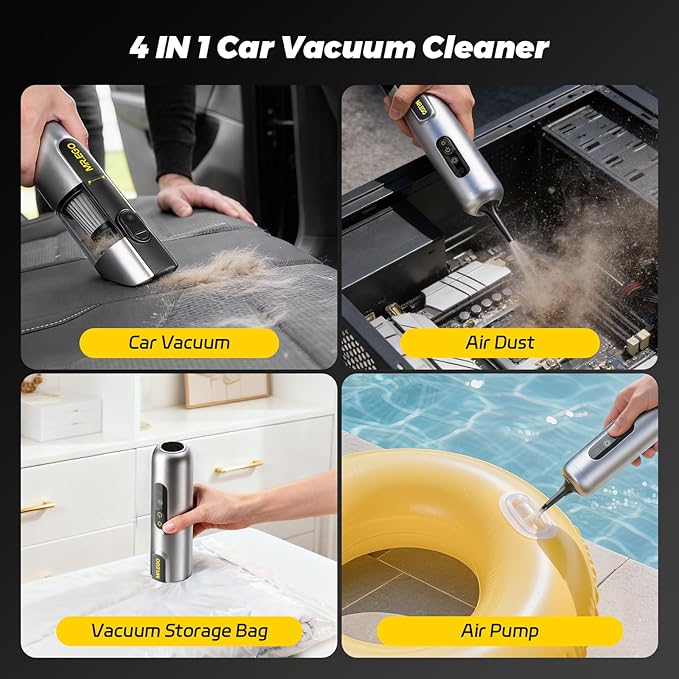 Mr.ego Car Vacuum Portable Cordless 20000Pa Mini Vacuum Cleaner &amp Air Duster 100000 RPM Brushless Motor Handheld Vacuum with LED Light and Multi-Nozzles for Car Home Office Pet (Silver)