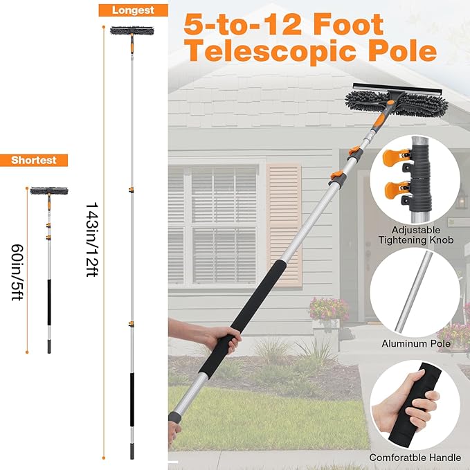 12Ft Window Squeegee with Extension Poles 2-in-1 Window Cleaning Kit with Telescopic Pole Extra-Large 14 Window Squeegee Window Cleaner Tool with Adjustable Head for High Window Glass RV