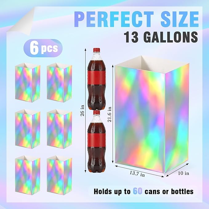 Tinlade 6 Pack 13 Gallon Iridescence Disposable Trash Cans Extra Large Thickened Waterproof Reusable Garbage Bins Foldable Pop up Recycle Bins for Galentines Day Bachelorette Wedding Iridescent Party