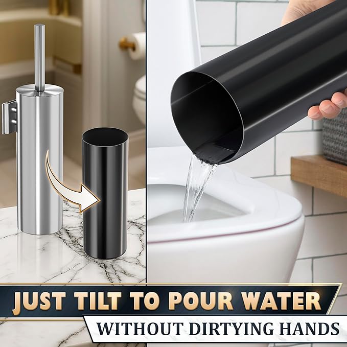 Silver Modern Toilet Brush and Holder Set with Wall Mount - Stainless Steel Toilet Brush with Holder - Removable Inner Bowl Shiny Design Splash Protection &amp Dense Bristles for Bathroom Cleaning