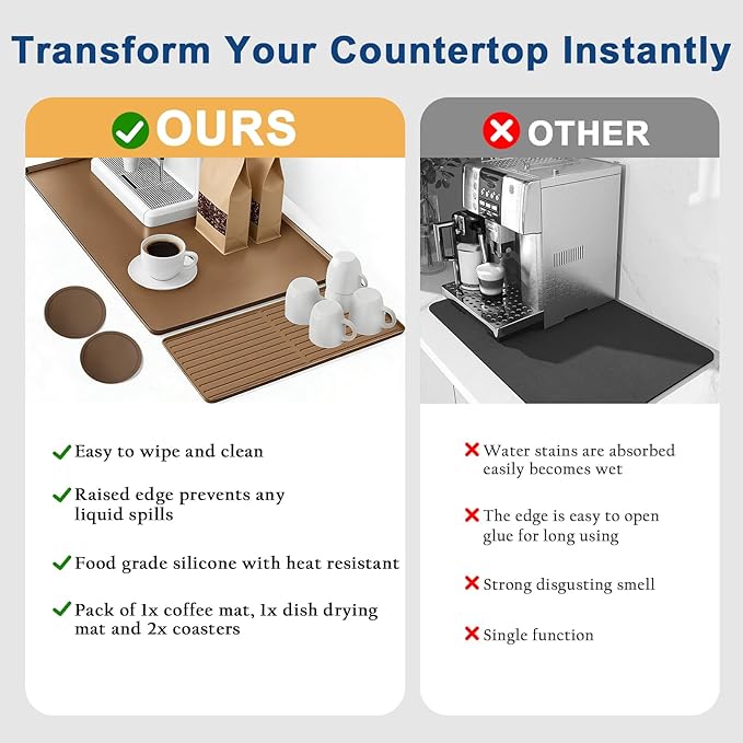 Mrcrypos Silicone Coffee Mat 16X24in - Non-Slip Espresso Countertop Mat Spill Proof Coffee Bar Mat for Kitchen Station with Detachable Dish Drying Mats Fit Cafes &amp Office Countertops Brown