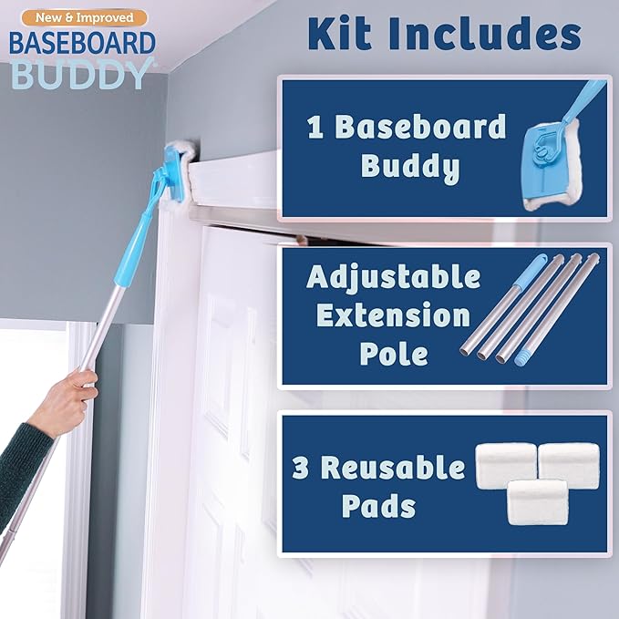 Baseboard Buddy | Lightweight Home Cleaning Essential Perfect for Baseboards Moldings &amp Walls Glide &amp Wipe Trapping &amp Locking Dirt &amp Dust | As Seen on TV (1 Baseboard Buddy &amp 3
