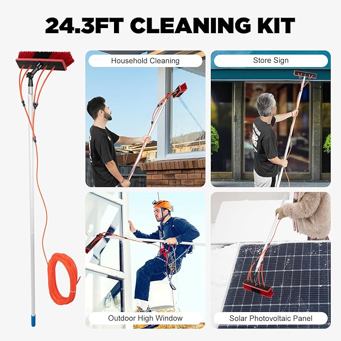 Water Fed Pole Kit 26 FT Adjustable Solar Panel Cleaning Pole &amp Rotatable Brush Head Telescopic Window Cleaning Brush Outdoor Glass Solar Panel Spray Washer Washing Equipment (26 FT)