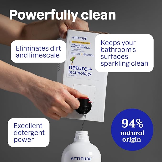 ATTITUDE Bathroom Cleaner Spray EWG Verified Plant-Based &amp Vegan Safe for Bathroom Surfaces Tiles Tubs Shower Walls and Grout Unscented 27.1 Fl Oz (Pack of 6)