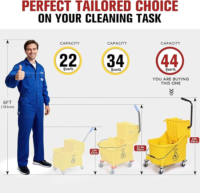 Matthew Cleaning 44Quart Commercial Mop Bucket INCL.Wet String Mop&amp 19'' Industrial Wet Floor Sign with Side Press Wringer On WheelsTandem Portable Floor Cleaning WavebrakeIdeal for Household