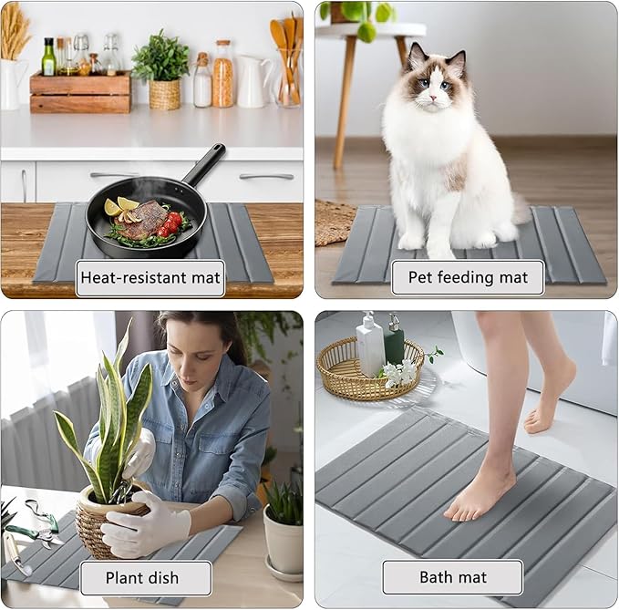 Stone Dish Drying Mat with PU Leather Surface for Kitchen Counter Water-Absorbent Collapsible Roll up Quick Dry Non-Slip for Cups Dishes BottlesRemovable and washable(Medium Gray 23.6”x15.4”)