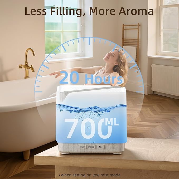 ASAKUKI Essential Oil Diffuser for Home Large 700 ml Humidifier with Automatic Shut-Off Quiet Aromatherapy Diffuser with 7 LED Lights for Living Room Kitchen Bedroom Hotel - White