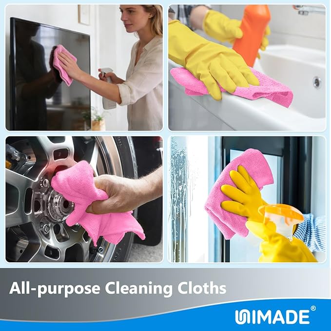 Microfiber Cleaning Cloth 100 Sheets Microfiber Towels for Cars Commercial Grade Shop Towel Washcloths Lint-Free Bulk Cleaning Rags for Mechanic Restaurant Garage Housekeeping 11x 9 Pink