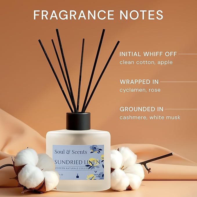 Soul &amp Scents Reed Diffuser Set – Sundried Linen | 7.43 oz Refillable Scented Oil with 6 Fiber Sticks | Long-Lasting Home Fragrance &amp Air Freshener for Bedroom Bathroom Office | Gift &amp D