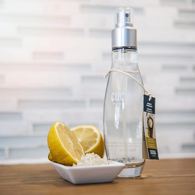 Fruits &amp Passion Cucina Fragrant Kitchen Mist – Sea Salt &amp Amalfi Lemon Home &amp Kitchen Air Freshener Spray in Decorative Glass Bottle Clean Citrus &amp Mineral Scent 3.3 fl oz (100 ml)
