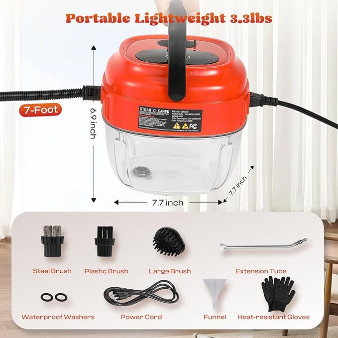 Moongiantgo Handheld Steam Cleaner 2500W High Pressure 1.5L Steamer for Cleaning Portable Steam Cleaner for Home Kitchen Bathroom Steam Cleaner for Car Detailing Grout Tile (Red)