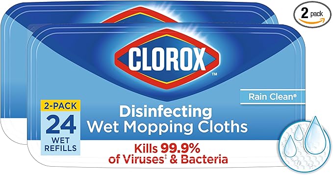 Clorox Disinfecting Wet Mop Pad Disposable Mop Heads Multi-Surface Floor Wipes Rain Clean 2 Packs 24 Wet Refills Per Pack (Package May Vary)