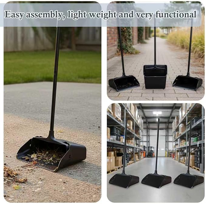 3-Pack Commercial Upright Dust Pan with Long Handle and Wheels – Heavy Duty Large Dust Pans for Indoor/Outdoor Use Janitorial or House Cleaning Tools Black Standing Dustpan