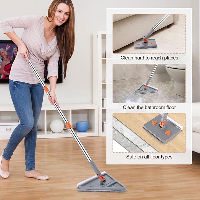 Adjustable Baseboard Cleaner Tool with 81.5'' Handle 360° Rotatable Wall Cleaner Mop 180° Flipping Ceiling Cleaning Mop Tool with 2 Mops 8 Reusable Pads for Walls Baseboard Window Floor