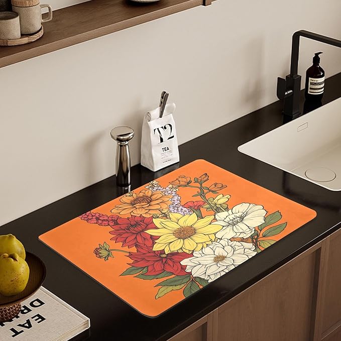 Flowers Dahlia Gladiolus Orange Drying Dish Mat Absorbent Diatomaceous Earth Mat Kitchen Dish Drying Mat Non-slip Dish Drainer Mats Household Essentials
