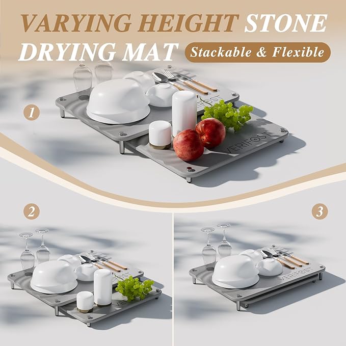 VERIFOST 2025 2pcs Large Stone Drying Mat for Kitchen Counter Quick Drying Matt Kitchen Counter Large Drying Stone for Kitchen Counter Diatomaceous Earth Dish Drying Mat Moonlight Gray