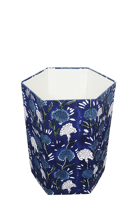 Generic 3.3 Gallon Cotton Hand Block Printed Paper Waste Basket |Small Decorative Trash Can for Housewarming Gifts in Living Room Bedroom Bathroom | Eco-Friendly Plastic-Free (1 BLUE FLOWAR)