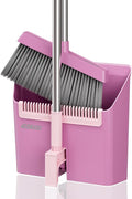JOYMOOP Pink Broom and Dustpan Set Upright Angle with Built-in Comb Teeth for Kitchen Lobby Pet Hair and Hard Floors