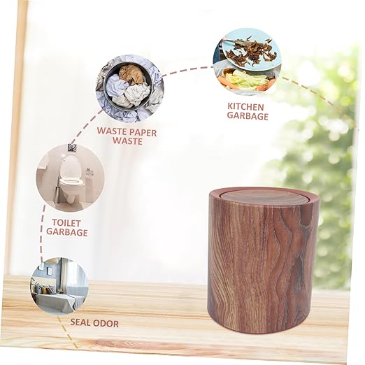 Garneck Elegant Wood Grain Pedal Trash Can Swing Lid Kitchen Garbage Can Bathroom Waste Basket Imitated Wood Pail