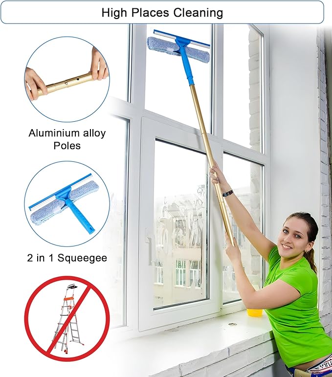 2 in 1 Window Squeegee Cleaning Kit with Aluminum Alloy Extension Poles Scrubber Glass Scrapper Bendable Duster2 Scrubber Cloth for Window Car Floor Home Garden