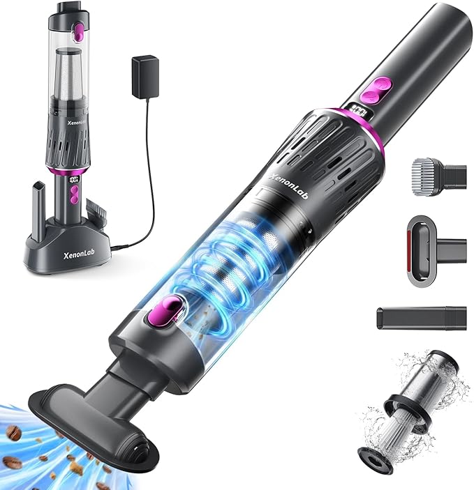 Handheld Vacuum Cordless 25000Pa Car Vacuum 3-in-1 Handheld Vacuum Includes Smart Display and Charging Base Hand Vac Cordless Rechargeable One-Touch Empty for Home/Pet/Car (Purple)