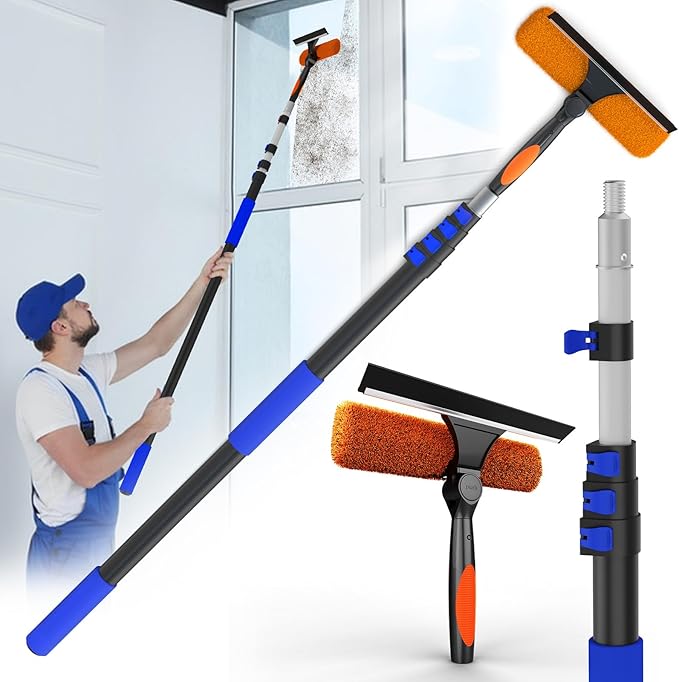26FT Reach Window Squeegee for Window Cleaning Kit with 5-20 Foot Telescoping Extension Pole 2 in 1 Window Squeegee Cobweb Duster Dust Kit Window Washing Kit for Car Shower Glass Door